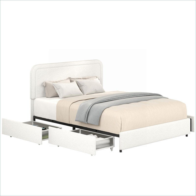Lit plateforme tapissier avec rangement et grand lit Linen Beige