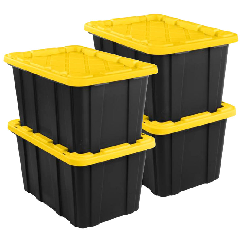 Sterilite 17 Gallon Industrial Stackable Storage Tote Lidded Containers, 6 Pack, 27 Gallon, Black/Yellow, 4 Pack