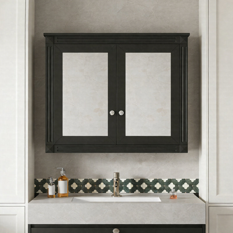 Armoire à pharmacie murale 36 po x 28 po avec 2 miroirs, 2 tablettes réglables, rangement moderne et armoire à miroir, Noir