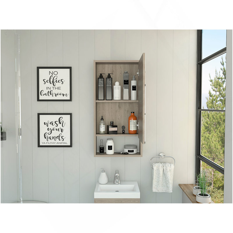 Armoire à pharmacie Mariana, une tablette extérieure, un miroir à porte simple et deux tablettes internes - gris clair, Gris