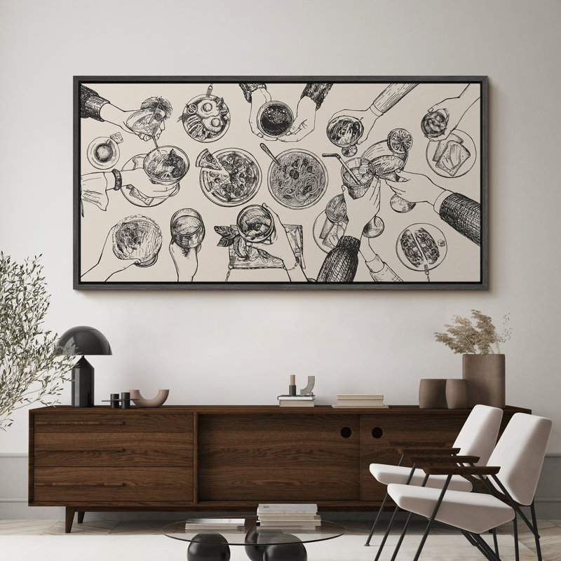 Kitchen Food " Culinary Dinner Gathering Sketch, Modern Black and Beige Dining Scene, Food And Drinks Pizza Noodle Juice, Kitchen Decor " Extra Large Framed Canvas Print Wall Art