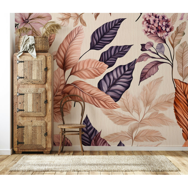 Murale rétro à grandes feuilles botanique, L 108 po x l 140 po