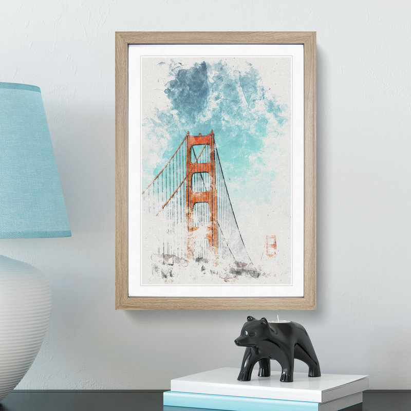 The Golden Gate Bridge - Picture Frame Graphic Art, 33cm H x 24cm W x 2cm D, Oak Framed