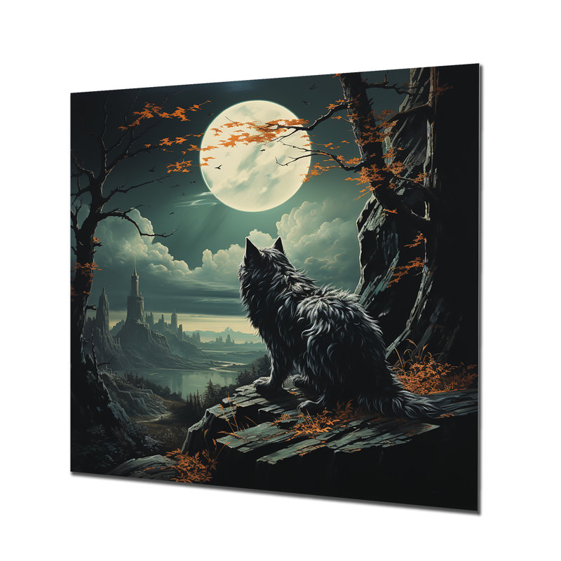 Loup hurlant à la lune III - art mural en métal à la mode, H 36 po x l 36 po