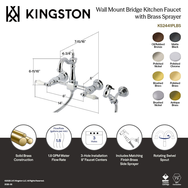 Robinet de cuisine à 3 poignées à fixation murale à 3 trous Kingston avec douchette en laiton Kingston, Nickel brossé