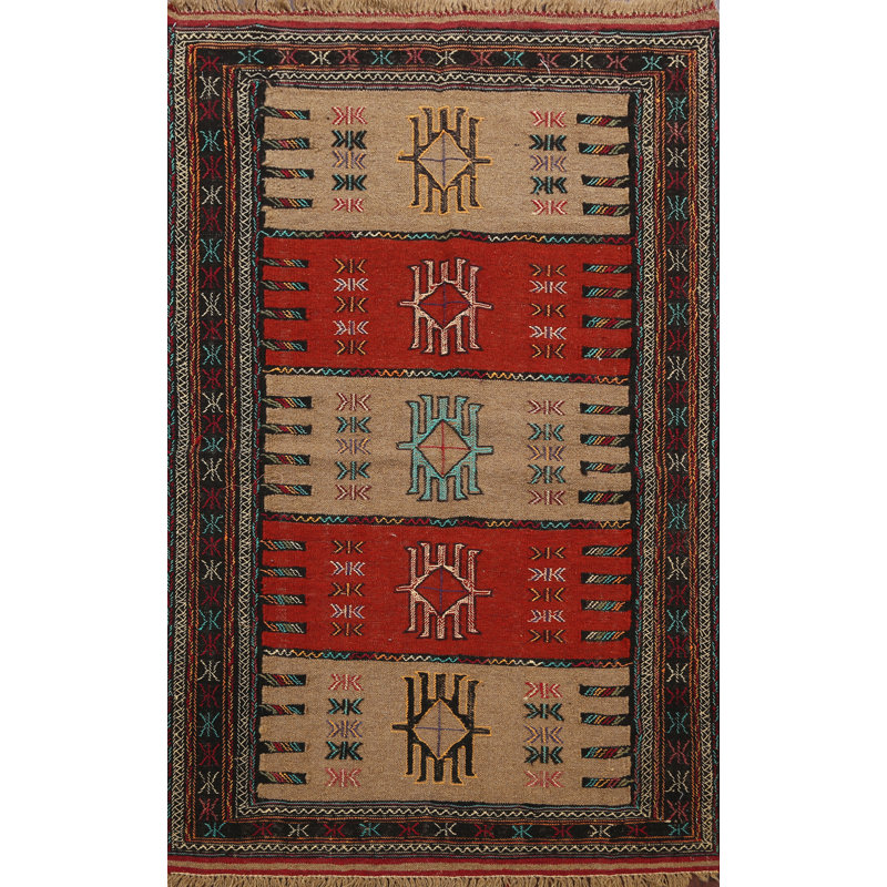 Tapis en laine rouge/beige/noir 3 pi 9 po x 5 pi 8 po one-of-kind à la main-noué la new age