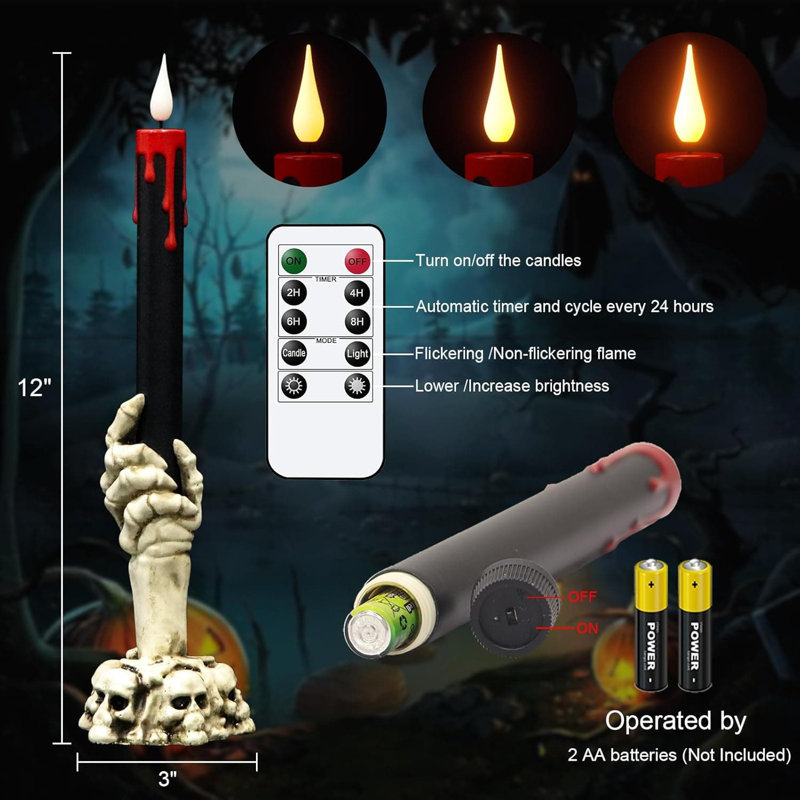 2 Pack Black Flameless Taper Candles: Remote Timer, Battery-Operated LED, Drip Wax with Skull Hand Holders, Flickering