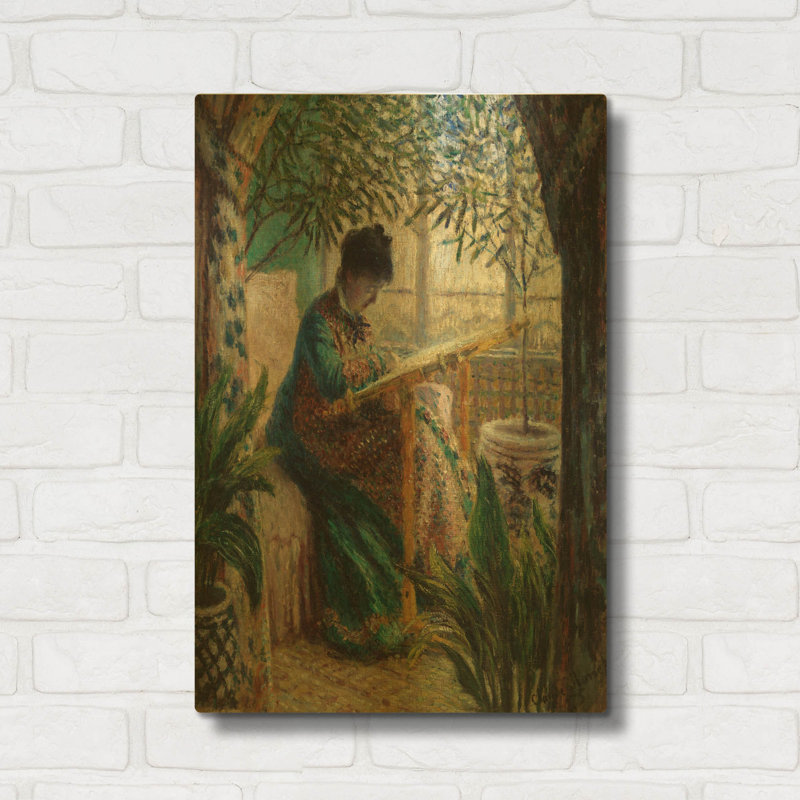 «Madame Monet Embroidering» par Claude Monet, art mural en métal doré, 16 po x 24 po, 16 po x 24 po