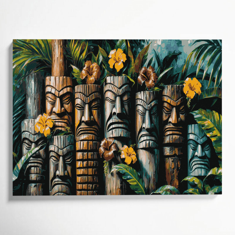 Art mural sur toile vert, statues hawaïennes, H 11 po x l 14 po