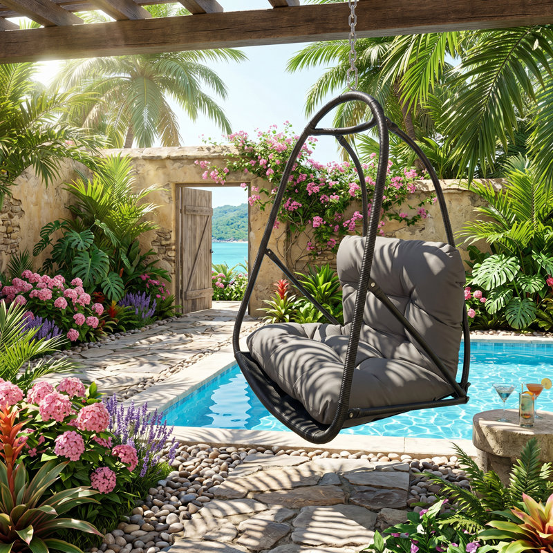 Fauteuil à œufs suspendu en rotin avec porte-gobelet et coussins intégrés Arden l 29,5 po x P 43,3 po x H 6,69 po