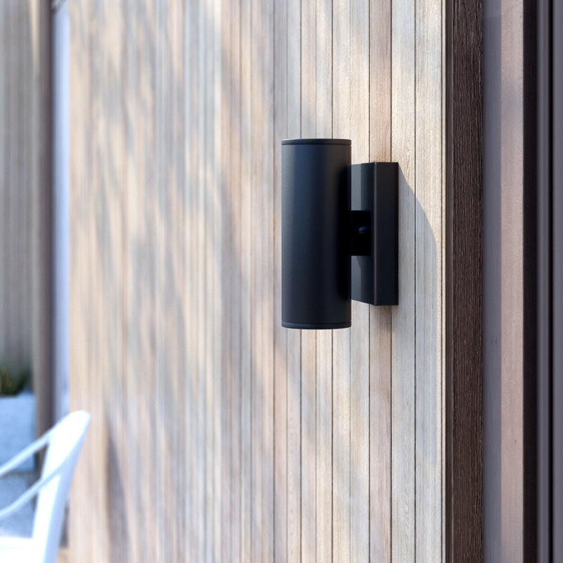 Chiasso 8 in. H 2-Light Textured Black Outdoor Wall Sconce made of Rust-Resistant Aluminum, Metal Shade, Up-Down Wall Wash, Integrated LED, Use for Exterior Porch Patio Front Door or Garage