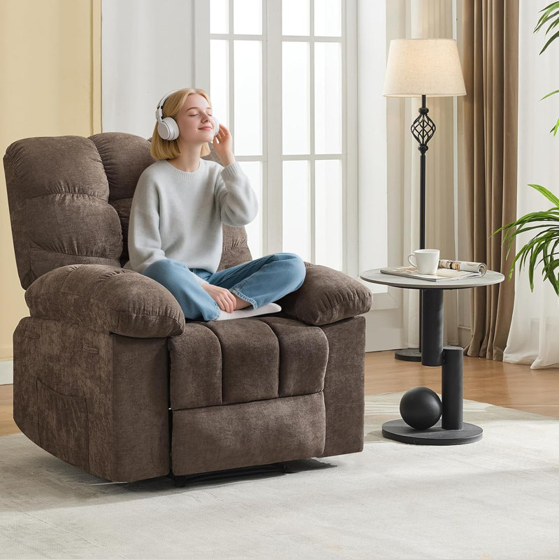 Living Room Chair w/ Massage and Heat - Electric Rocking Recliner w/Overstuffed Back, 2 Side Pockets & Remote, Lightbrown