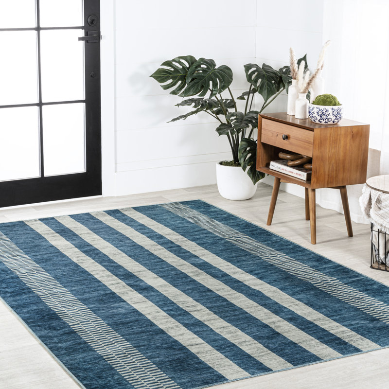 Tapis bleu / crème à rayures géométriques Ventress, Rectangle 3 pi 11 po x 6 pi