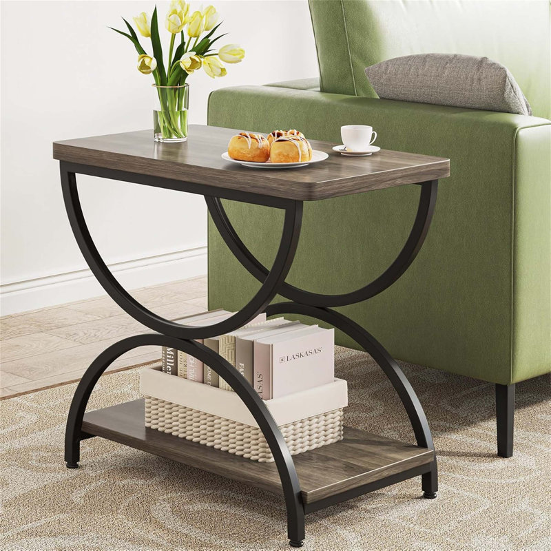 Table de bout industrielle 23,6 po à 2 niveaux avec structure en métal, table d'appoint en bois rétro pour le salon et la chambre à coucher, assemblage facile