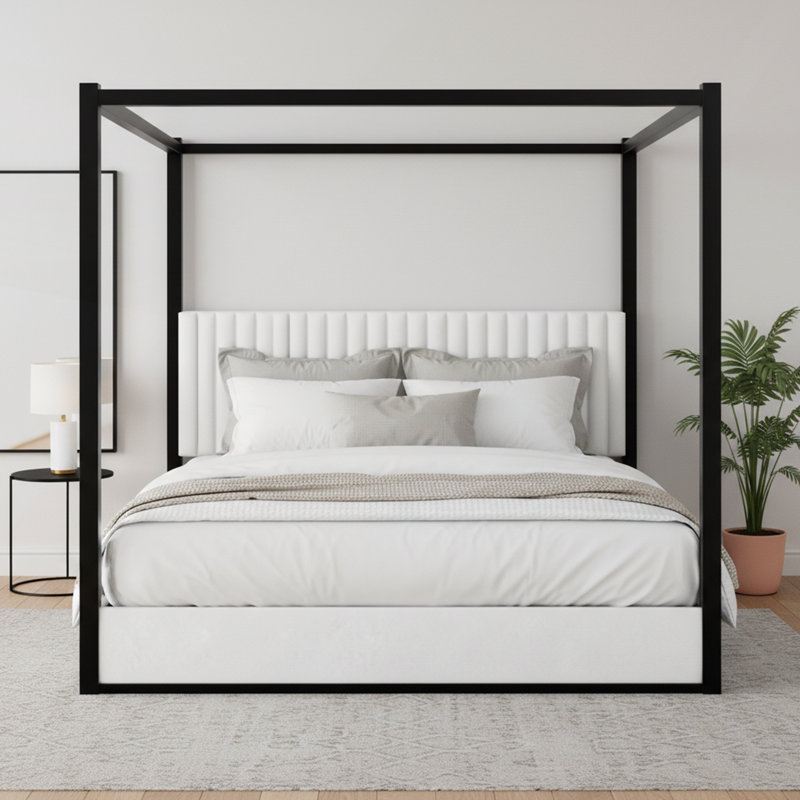 Très grand lit plateforme à baldaquin avec tête de lit et structure en métal pour chambre à coucher moderne, Noir blanc
