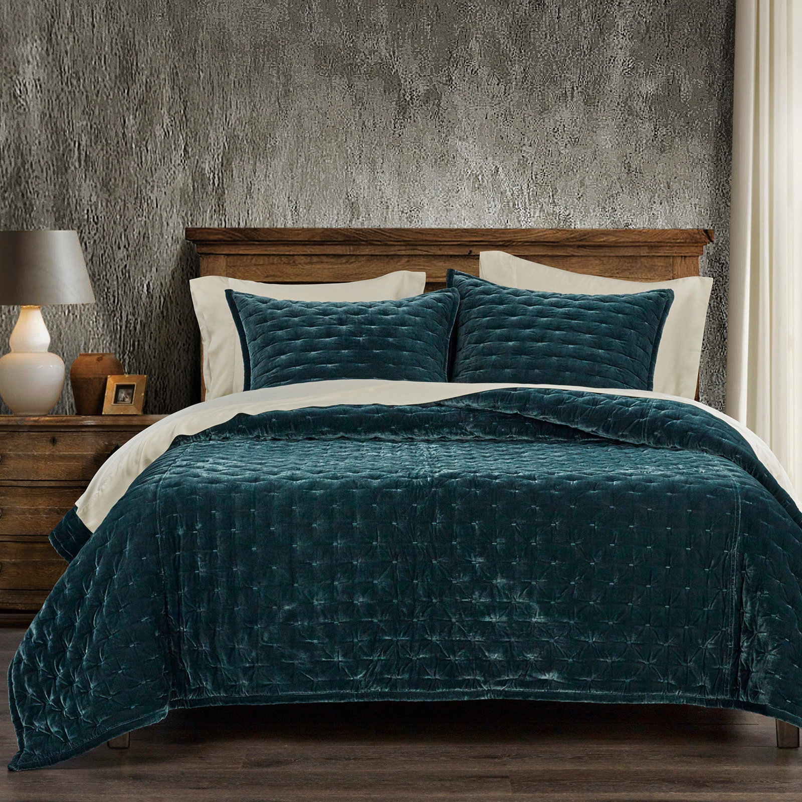 Stella Velvet Quilt Set, Queen Quilt + 2 Standard Shams, Storm Blue