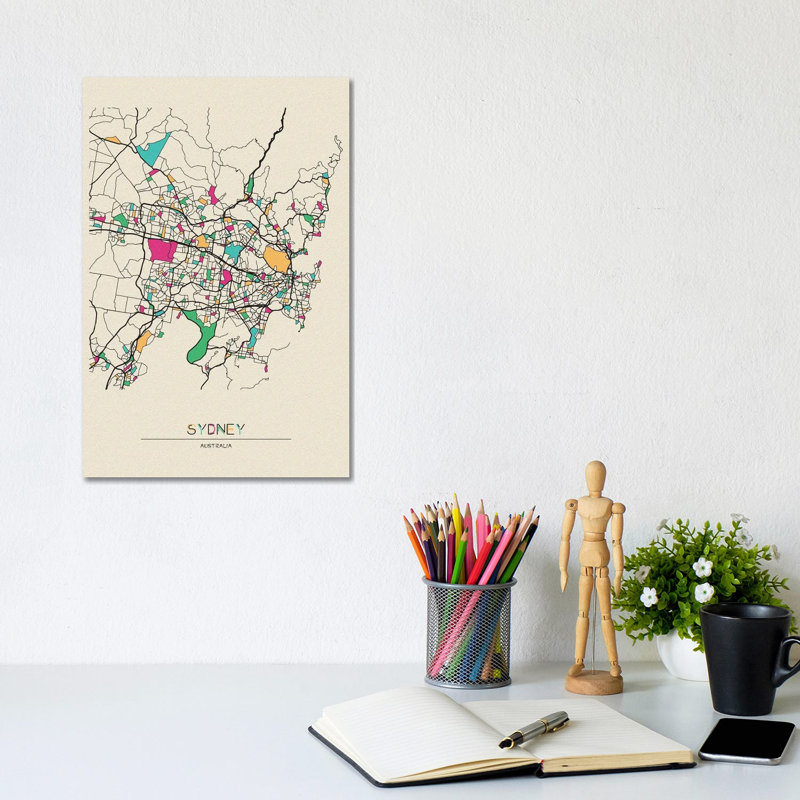 Sydney, Australia Map by Ayse Deniz Akerman - Wrapped Canvas Gallery-Wrapped Canvas Giclée, 20.32 cm H x 30.48 cm W
