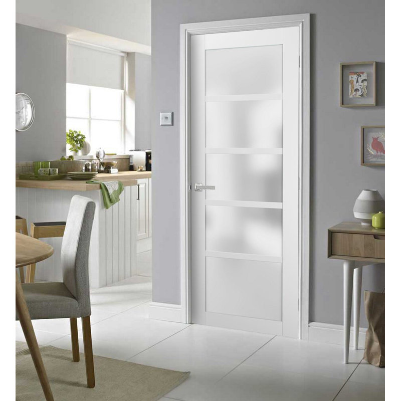 Porte blanche standard en verre givré Quadro avec trousse de quincaillerie d'installation, 32 po x 80 po