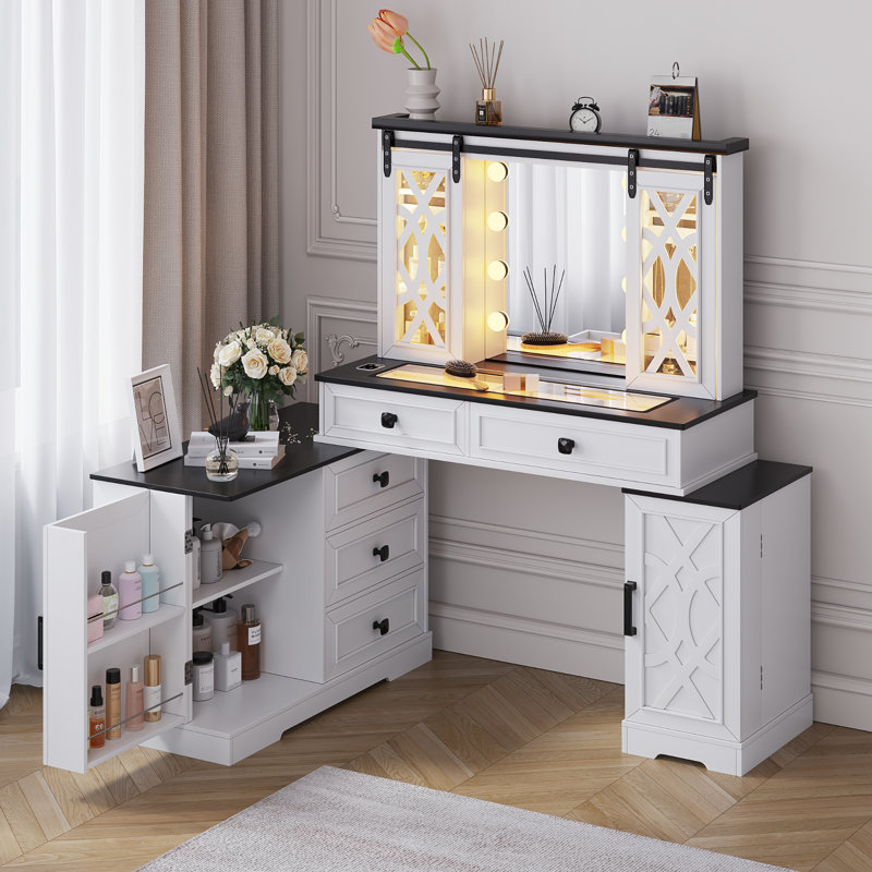 Coiffeuse de maquillage avec éclairage et armoire de rangement, Blanc/Noir