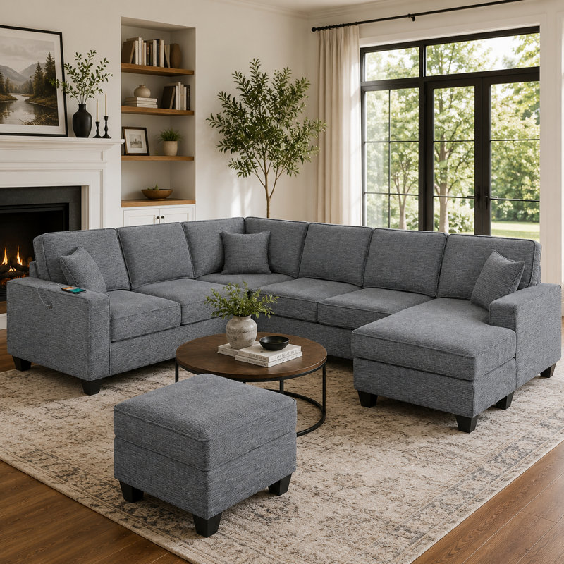 Ensemble de canapé modulaire 5 pièces Vini, 3 coussins, USB, chenille noir rembourré de mousse, Chenille gris ardoise