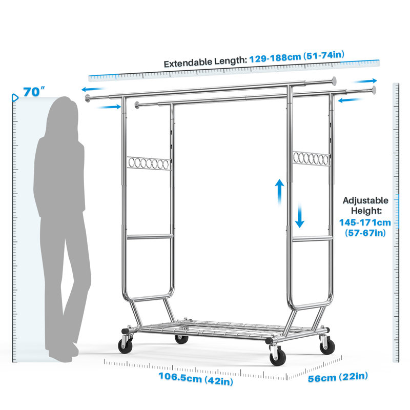Double Rail Clothes Rack on Wheels, 295kg(650lbs) Capacity with Bottom Shelf, Extendable Length & Height, Silver