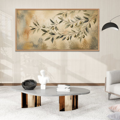 60"x30" Large Framed Wall Art – Olive branches leaves fruits vintage texture Canvas Print with Wood Frame, Ready to Hang