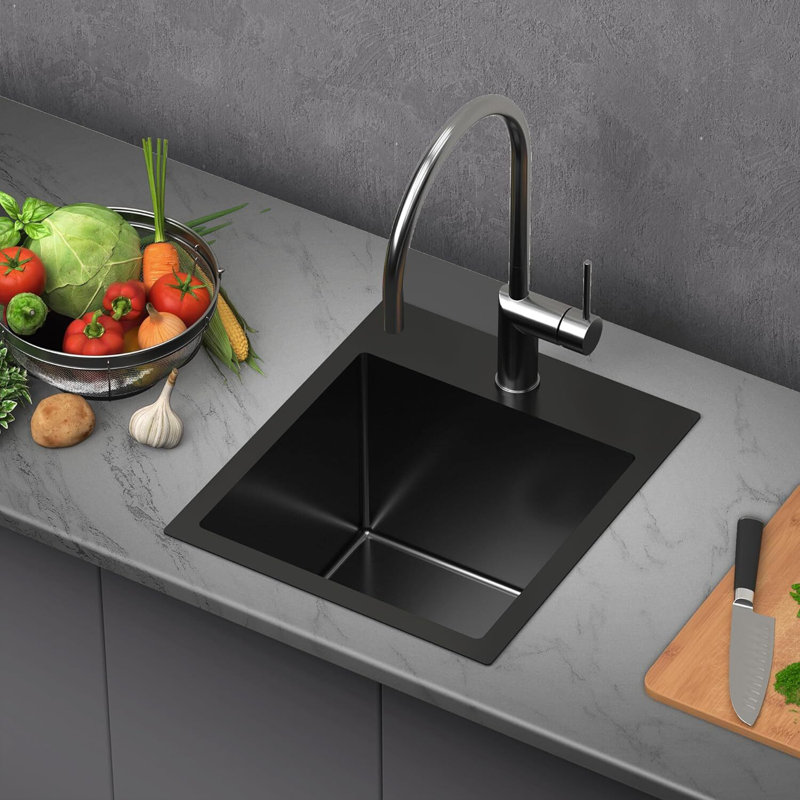 ForKitchen 15'' L Drop-In Single Bowl Kitchen Sink, Matte Black