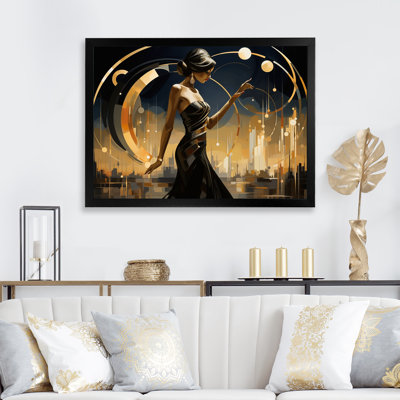 Femme glamour en noir et or portant des bijoux II - art sur toile tendance