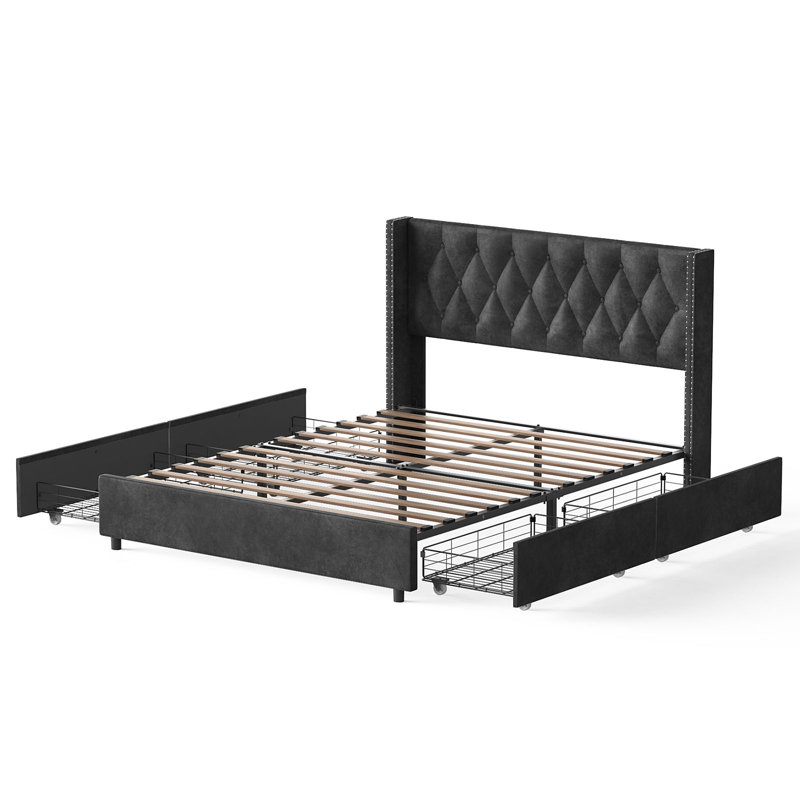 Better Home Products Izayah Velvet Upholstered Bed with 4 Storage Drawers, King, Black