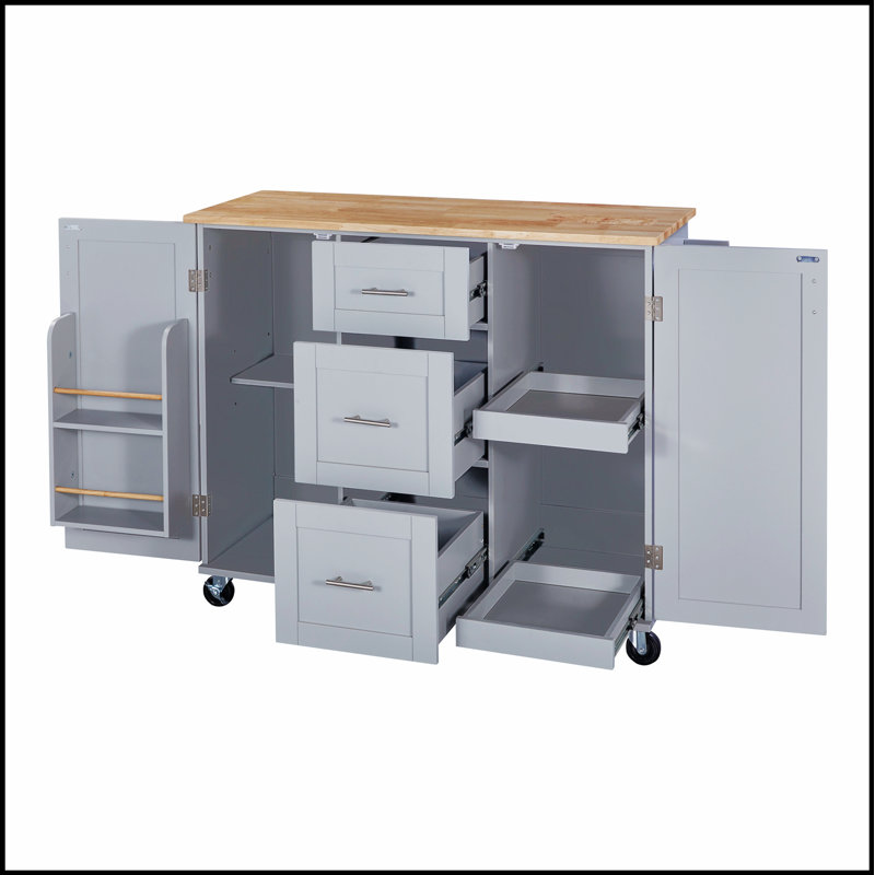 Îlot de cuisine roulant avec rangement, plateau en bois d'hévéa et supports à épices pour les cuisines modernes, Gris