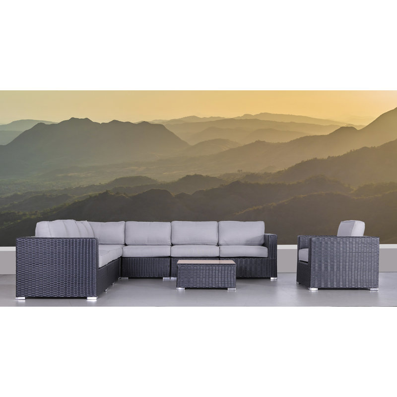 Ensemble de conversation pour 7 personnes avec coussins Demarest Wicker, Noir