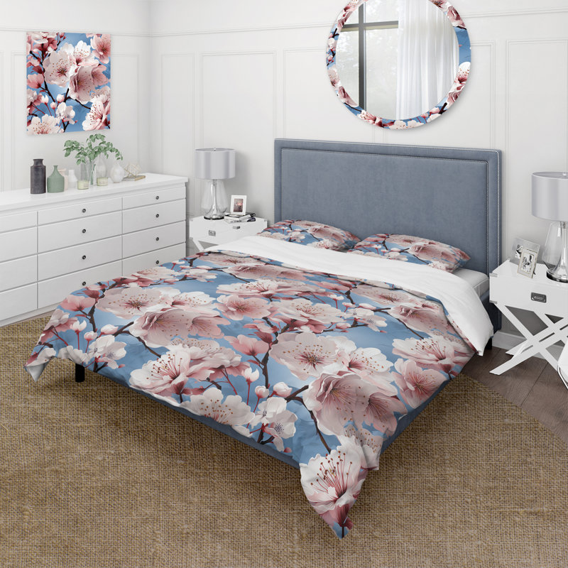 Ensemble de housse de couette à motif floral cerisier rose et bleu I, Housse de couette pour très grand lit et 2 très