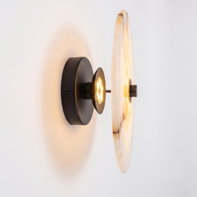 9.8In Round Alabaster Wall Sconce Equipped With LED Bead Light Source, No Harsh Glare From The Sides Matte Black