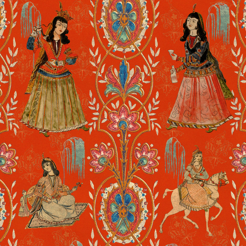 Tales Of Maghreb Wallpaper Roll, Blue/Red/Taupe/Yellow