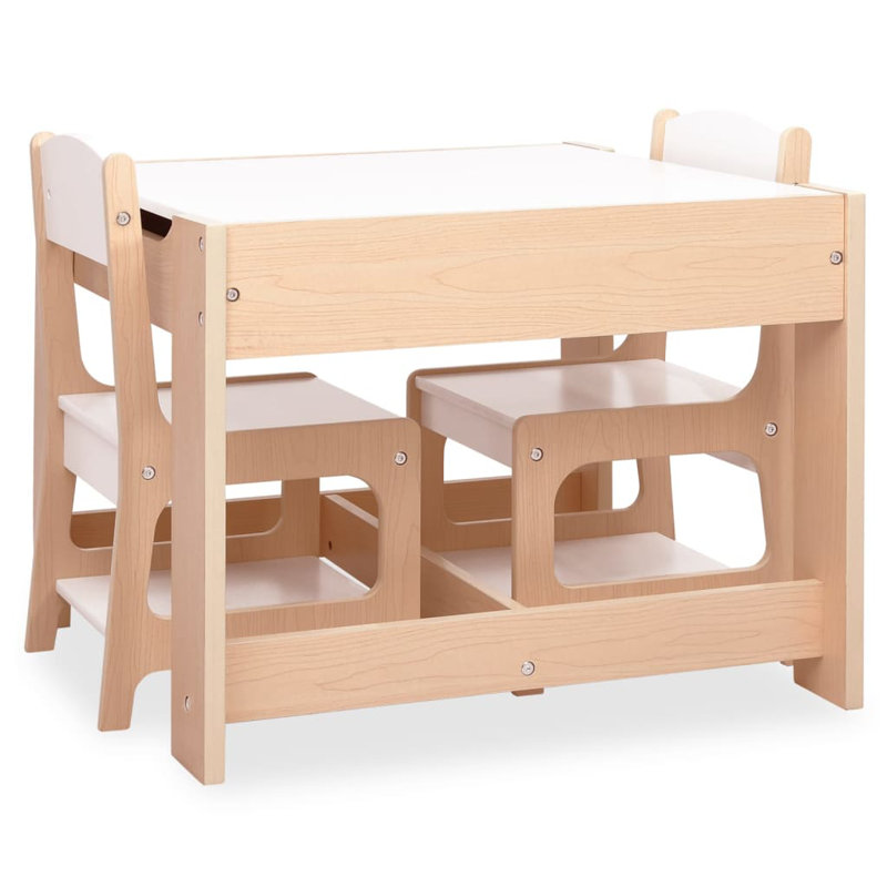 Chana Kids 3 Piece Square Interactive Table and Chair Set, White, Brown
