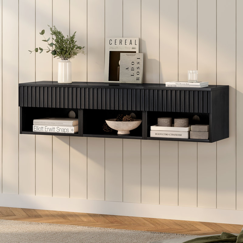 Drawer Wall-Mounted Nightstand With Open Cubby, Set of 3, Black