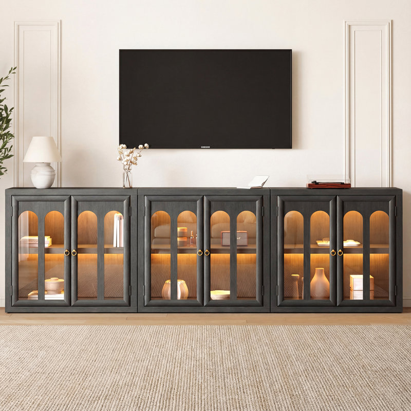 Lighted Arched Glass Sideboard Cabinet with Fluted Doors, 93" Wide Storage and Display Console for Dining Room or Living Room