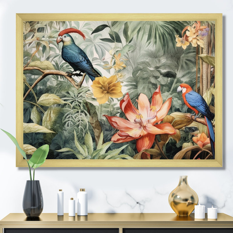 Parrot In Paradise II On Canvas Print, Gold Single Picture Framed, 24" H x 32" W x 1" D