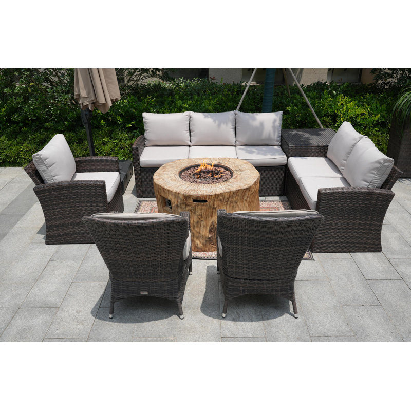 8 - Person Patio Conversation Set with Cushions, Beige, Brown