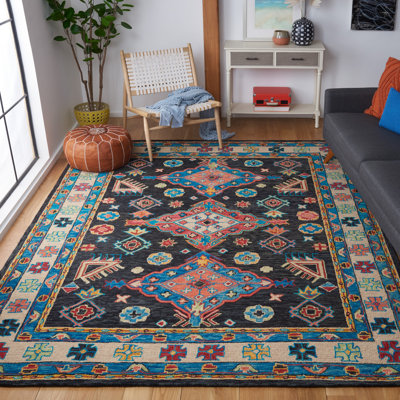 Madalene Southwestern Handmade Tufted Wool Charcoal/Blue Area Rug