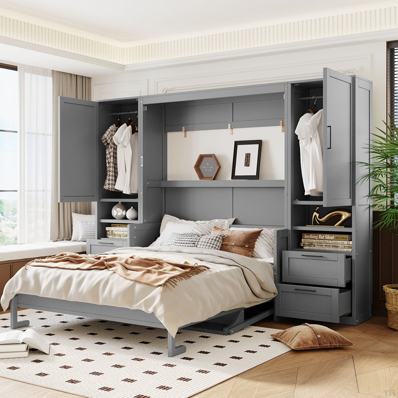Lit escamotable Murphy avec placard, tiroirs et tablettes, Gris