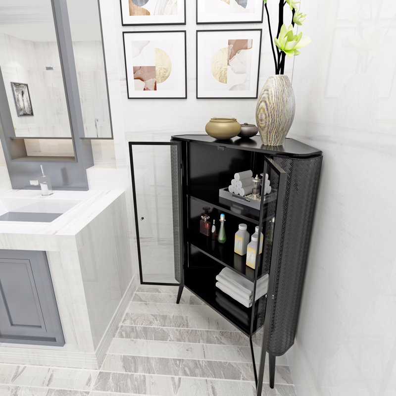 Modern 3-Tier Corner Storage Cabinet With Tempered Glass Doors, Removeable Shelves & Metal Frame