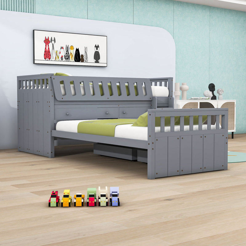 Lit superposé simple en bois avec 7 tiroirs, gris