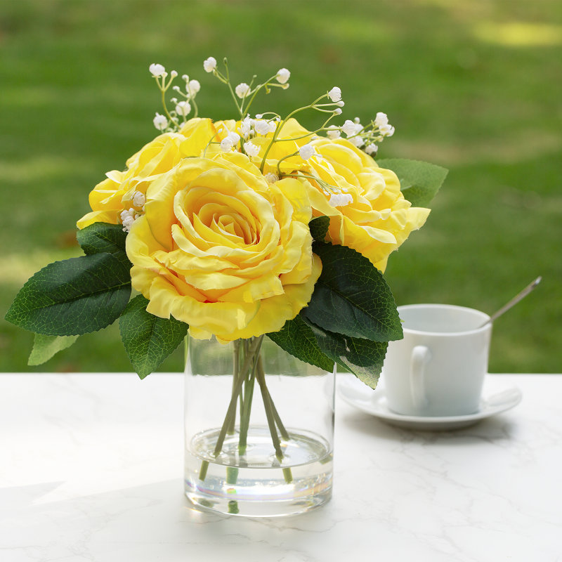Roses en soie dans un vase, Jaune/vert