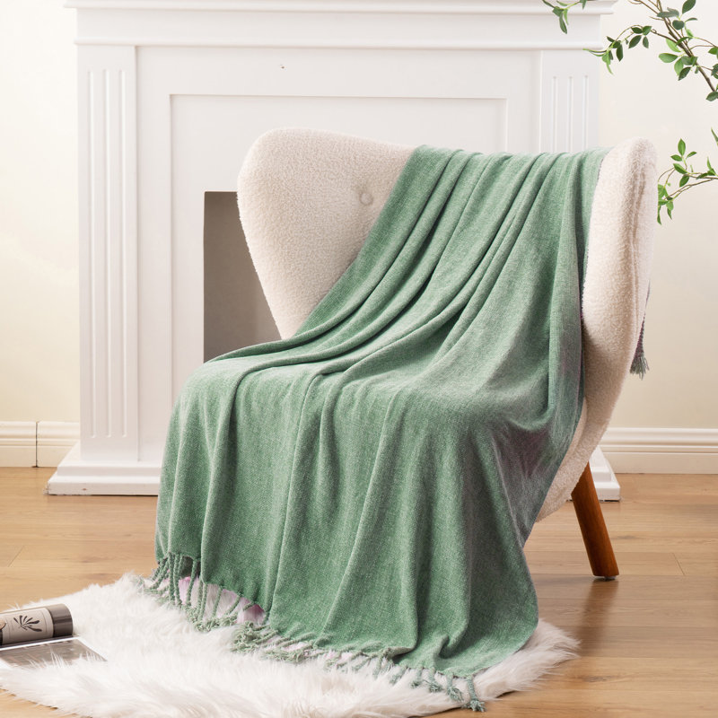 Jeté en velours Chenille, jeté décoratif à franges pour lit 50 po x 60 po, Vert sauge