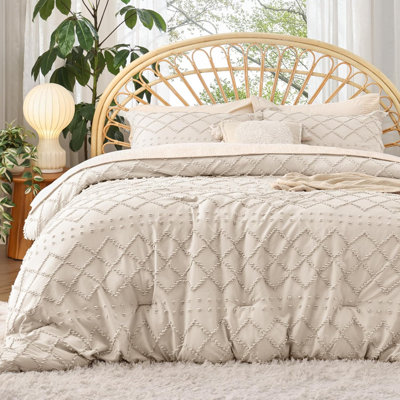 King Size Comforter Set - Beige Comforter, Boho Tufted Shabby Chic Bedding Comforter Set, 3 Pieces Vintage Farmhouse Bed Set For All Seasons, Fluffy Soft Bedding Set With 2 Pillow Shams