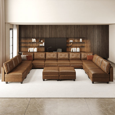Canapé modulaire modulaire avec rangement, similicuir brun moderne, méridienne réversible, canapé en forme de U pour le salon, imperméable et facile à nettoyer, 12 sièges avec 2 repose-pieds