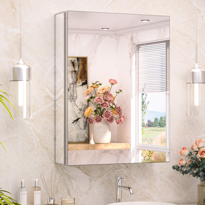 Rectangle Frameless Aluminum Full Mirrored Tempered Glass Medicine Cabinet Surface&Recessed Mount with 2 Shelves