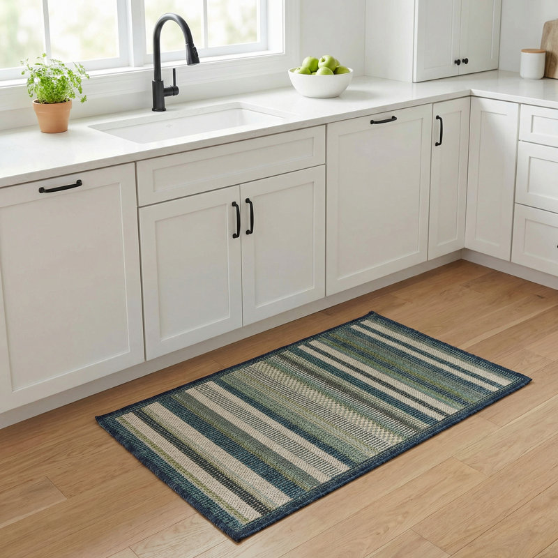 Tapis rayé vert / bleu intérieur / extérieur Tavon, Rectangle 2 pi x 2 pi 11 po