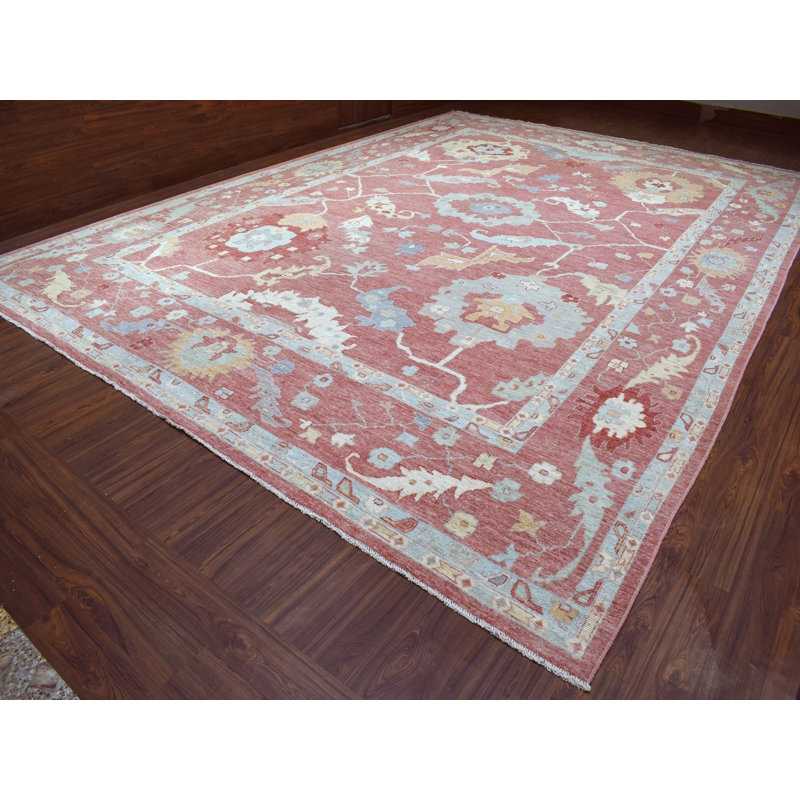 Tapis oriental rose en laine noué à la main 13 pi 9 po x 19 pi 0 po - MOA10268347
